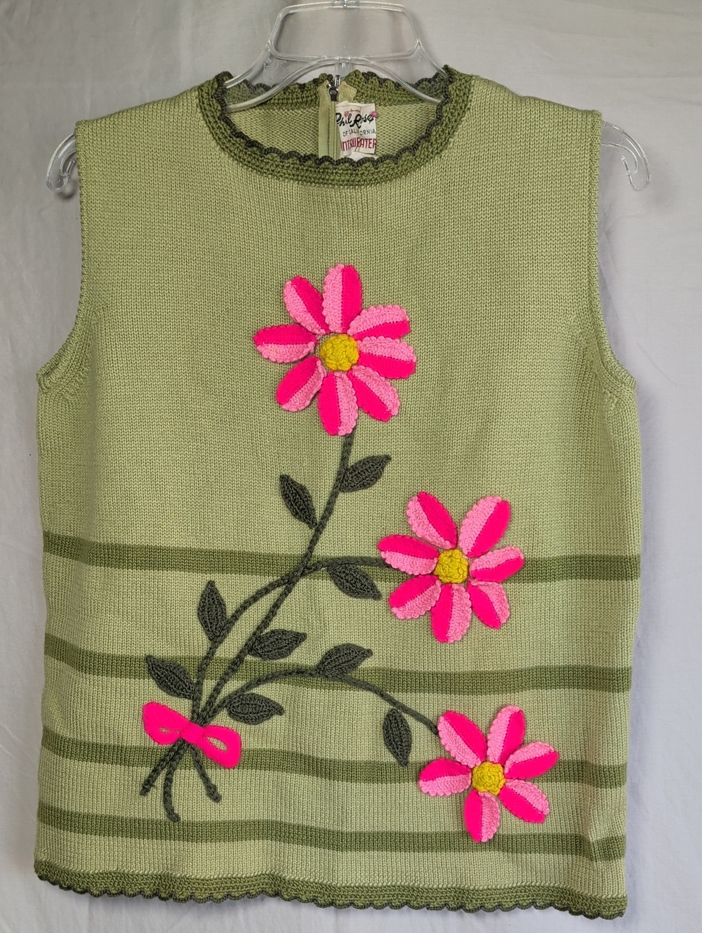 Vintage Women's Pink Wool Flower Knit Tank Top - Cottage Core Size L